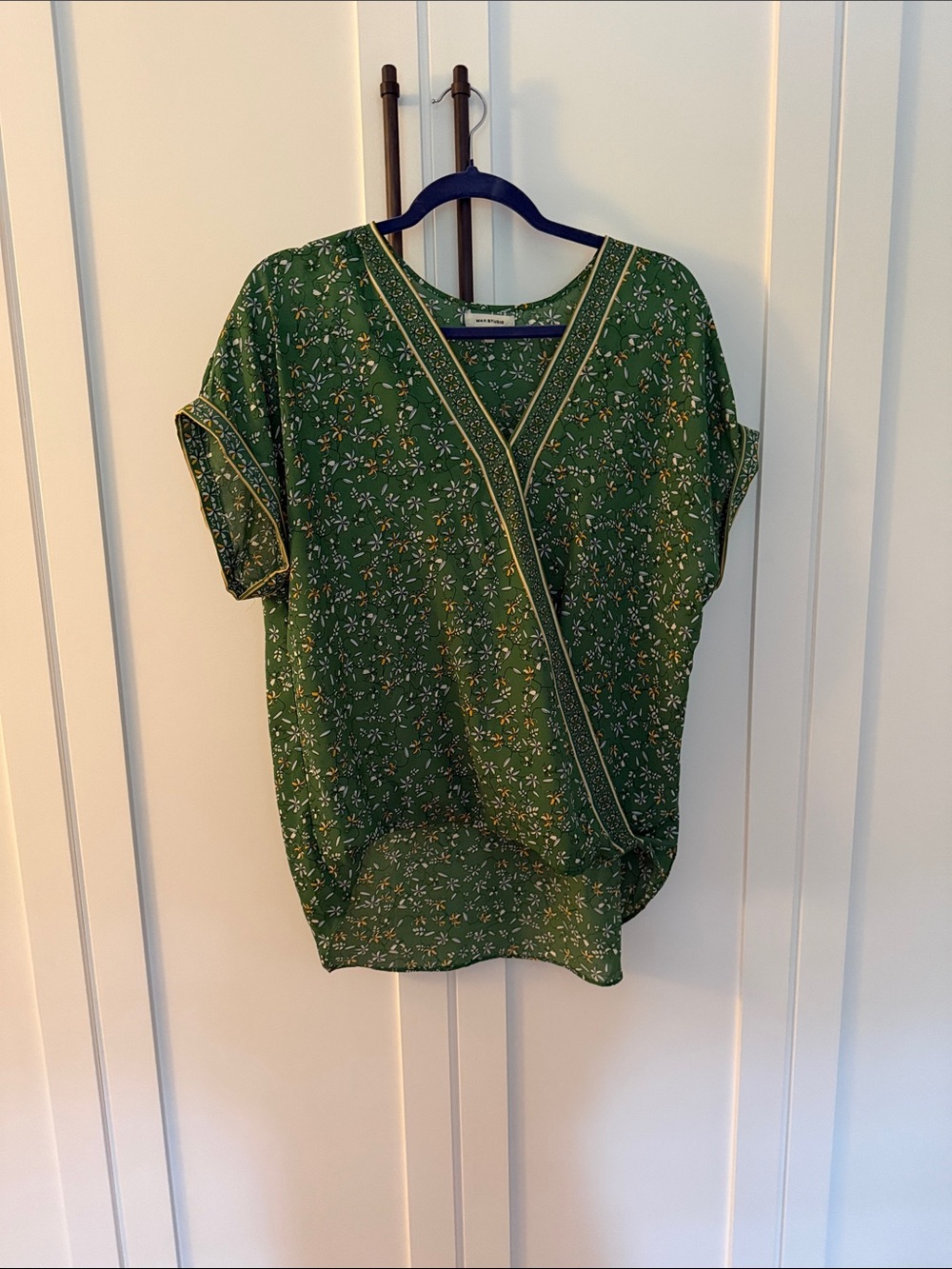 Max Studio Green Floral Faux-Wrap Short Sleeve Blouse